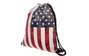 Detailed side view of American flag drawstring bag with red white and blue digital prints