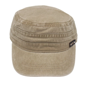 Detail view of the khaki cotton cadet hat featuring reinforced stitching and a side leather buckle