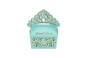 Detail of Tiffany blue crown candy box with hollow gold stamping and Sweet Love text