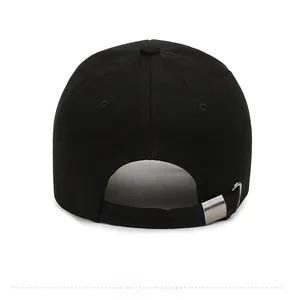 Back view of black cotton baseball cap showing adjustable silver metal buckle strap
