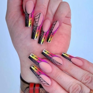 Long Coffin Press On Nails Matte Halloween Spider Web Gradient Neon French Tip Gothic False Nails Artistic Design