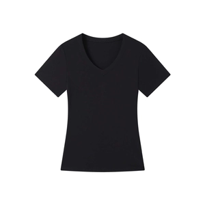 Flat lay of a slim fit black V-neck short sleeve T-shirt with smooth knit texture
