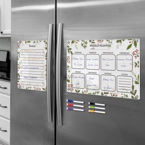 Magnetic acrylic weekly planner and notes board set on fridge with 6 colored markers