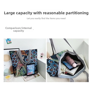 Detailed interior of vintage tote bag showing large capacity for tablet and umbrella