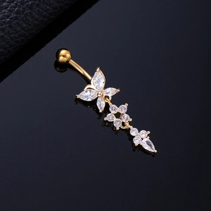 Golden butterfly and flower belly button ring with sparkling white zircon inlays