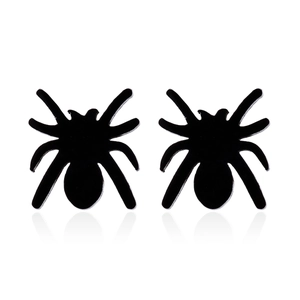 Detailed macro view of black spider earrings featuring a high-gloss polished finish