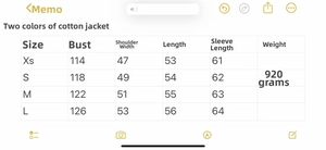 Detailed size chart showing measurements for French style faux leather puffer jackets