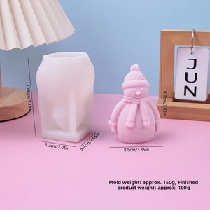 Detailed view of snowman silicone mold showing scarf texture and dimensions for DIY candle