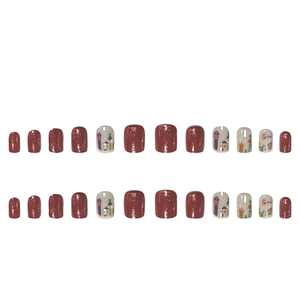 24pcs matte red press-on nails featuring glitter and hand-painted winter town patterns