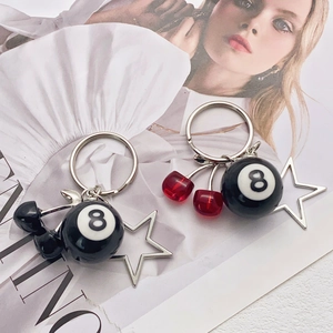 Fashionable 8 ball cherry keychains with black and red accents on a stylish magazine
