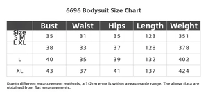 Detaillierte Größentabelle für Langarm-Yoga-Einteiler mit Maßen für Brust, Taille und Hüfte