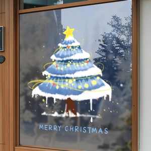 Sticker fenêtre sapin de Noël bleu avec étoile jaune et vœux de joyeux Noël