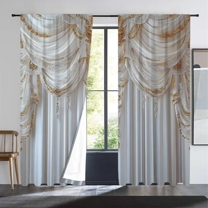 Detail of European luxury curtains with gold embossed floral patterns and valance design