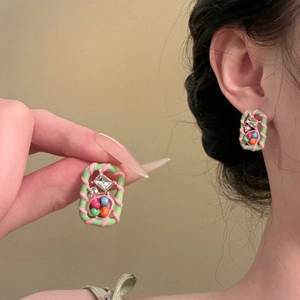 Square Y2K crystal stud earrings with colorful beads and pastel green frames