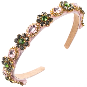 Baroque crystal flower headband with pink silk wrap and vintage gemstone accents