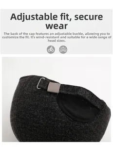 Detail of adjustable metal buckle on dark grey tweed baseball cap for secure fit