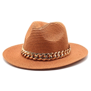 Classic brown woven straw jazz hat with stylish gold chain band for sun protection
