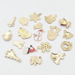 Christmas alloy enamel charms set featuring gold Christmas tree and snowman for DIY jewelry