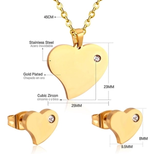 Gold-plated heart jewelry set with necklace and studs dimensions and material details