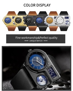 Detail of Oulm sports watch showing the dual display dial and world map sub-dial texture