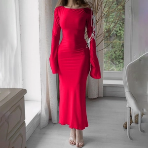 Sexy red long dress with off-shoulder flared sleeves and side slit detail for women