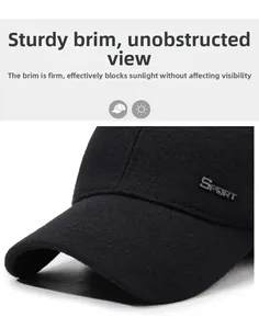 Macro detail of men's winter baseball cap showing wool fabric texture and metal logo