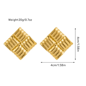 Detailed size view of geometric 18K gold-plated quilted texture square stud earrings