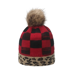 Red Buffalo plaid knit beanie with leopard print cuff and faux fur pom pom for women
