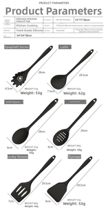 Detailed size and weight chart for a black 6-piece silicone kitchen utensil set