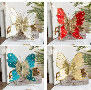 Detailed view of 25x21cm glittery fabric butterfly ornaments in four vibrant colors