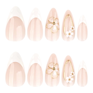 3D floral press-on nails with white French almond tips and elegant pearl accents