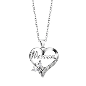 Minimalist silver heart Mama necklace with diamond-encrusted butterfly pendant