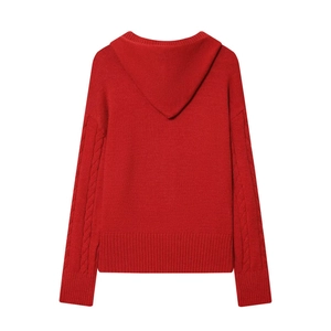 Red slim-fit hooded knit jacket with cable knit sleeves and double zipper for women