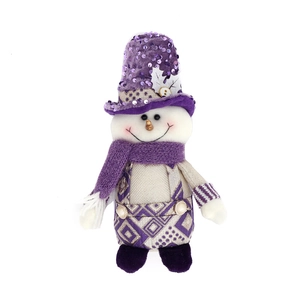 Standing purple sequin snowman plush ornament with knitted scarf on white background