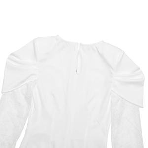 Detail view of white lace long sleeves and invisible back zipper on the elegant dress