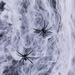 Detail of white stretchable spider web with two small black plastic spiders for party decor