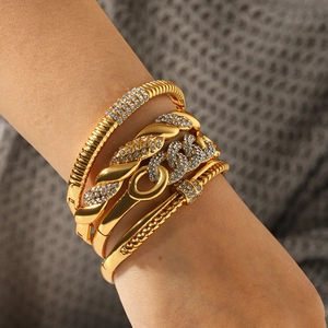 18k gold plated stainless steel layered bracelet set with sparkling rhinestones for women