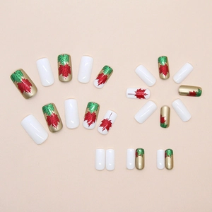 Romantic maple leaf press-on nails in white and gold with square long shape design