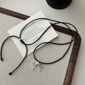 925 Sterling Silver Bowknot Pendant Necklace Minimalist Adjustable Black Cord Fashion Jewelry For Women Daily Wear Gift