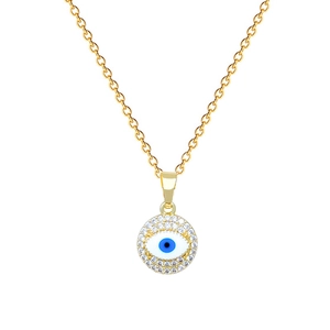 Gold titanium steel necklace featuring a sparkling crystal-encrusted evil eye pendant