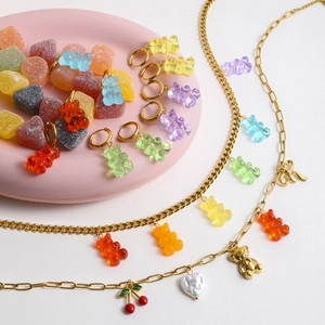 Colorful resin gummy bear drop earrings and necklaces in gold stainless steel plating