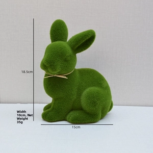 Detailed size specifications of a cute green flocked Easter rabbit with grass bow ornament