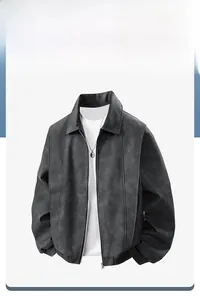 Close-up of retro charcoal grey jacket with high quality embroidered faux suede and rib cuffs