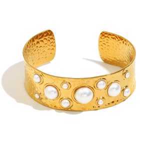 18K gold-plated stainless steel wide cuff bracelet with hammer texture and white pearls