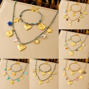 Bohemian Vintage Necklace And Bracelet Gold Plated Stainless Steel Colorful Braided Rope Multi Pendants For Women