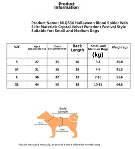 Tableau des tailles pour robe araignée d'Halloween pour chien avec mesures précises