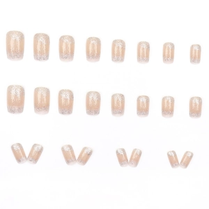 24pcs set of almond nude press-on nails with silver glitter gradient and French style finish