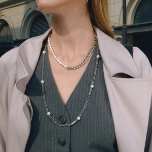 Chic layered silver pearl necklace set featuring a choker and long chain for women