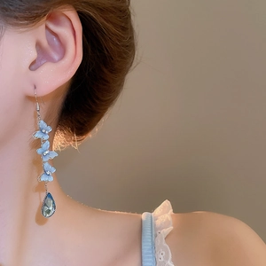 Detail showing long tassel butterfly earrings with blue crystal water drop pendants