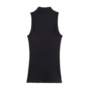 Close-up of the high-neck design and stretch knit fabric texture of the black vest